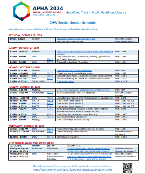 2024 APHA Annual Meeting CHW Section Session Schedule